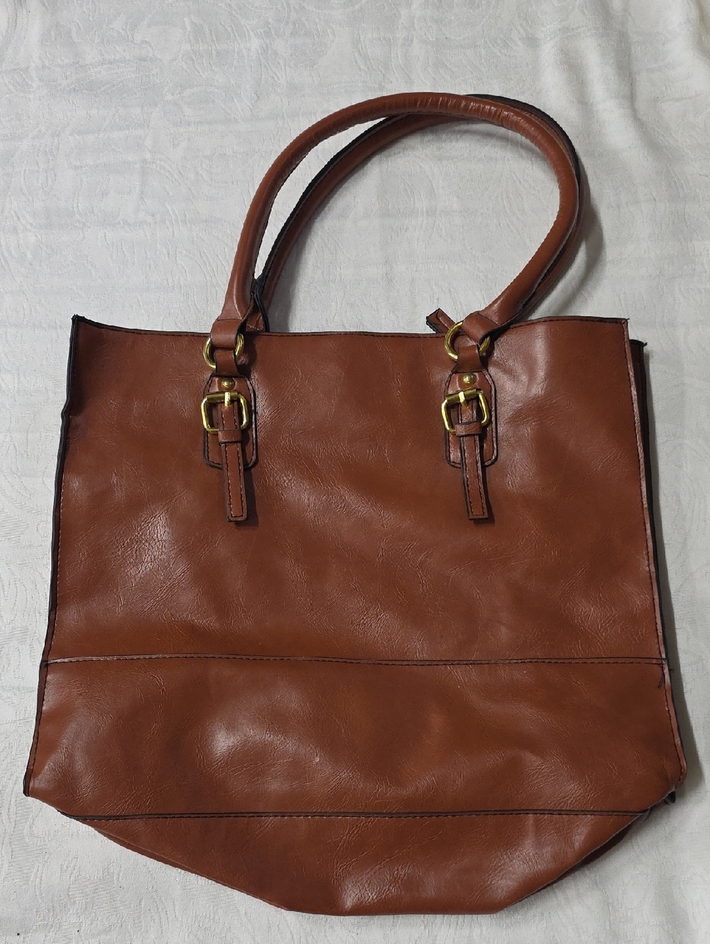 Large Cognac Faux Leather Tote | Buckle Detail Shoulder Bag